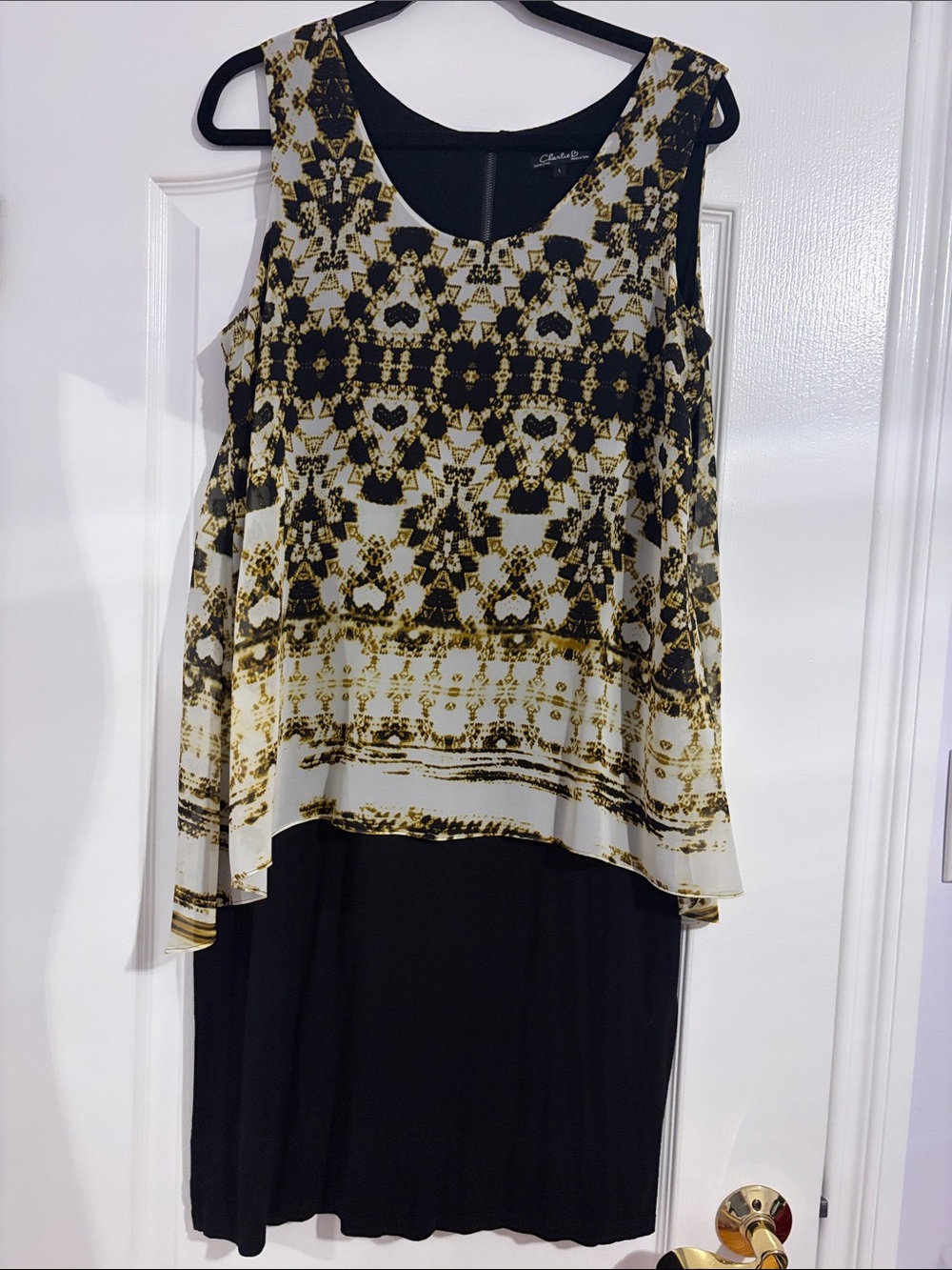 Charlie B Sleeveless Black and Gold Printed Layered Dress